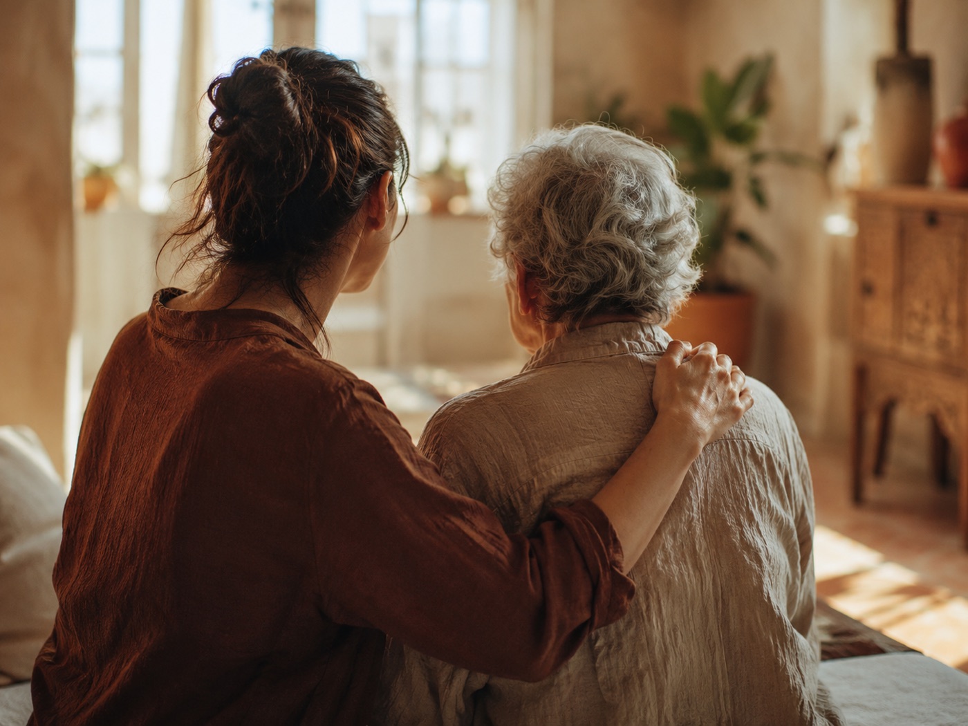 A caregiver with a gentle hand on the shoulder of an older loved one, in a warm sunlit room